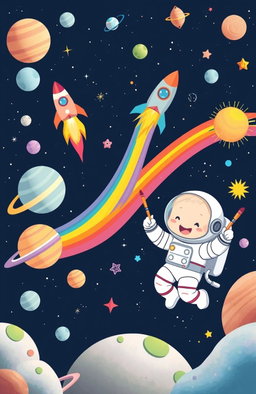 A vibrant and playful space scene featuring a cute young astronaut floating in space, joyfully holding crayons and a paintbrush, as if coloring the universe