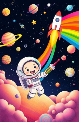 A vibrant and playful space scene featuring a cute young astronaut floating in space, joyfully holding crayons and a paintbrush, as if coloring the universe