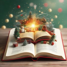 An open book with a jubilant Christmas scene exploding from its centrefold, filled with holiday cheer and festive elements.