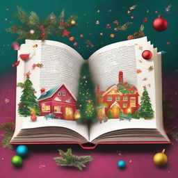 An open book with a lively Christmas scene dynamically escaping from its centrefold, brimming with holiday cheer and vibrant festive elements.