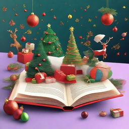 An open book with a lively Christmas scene dynamically escaping from its centrefold, brimming with holiday cheer and vibrant festive elements.