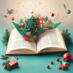 An open book with a lively Christmas scene dynamically escaping from its centrefold, brimming with holiday cheer and vibrant festive elements.