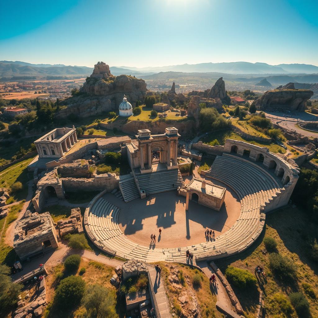 A breathtaking aerial view of ancient cities in Turkey, showcasing the intricate architecture of historical landmarks like Ephesus and Cappadocia