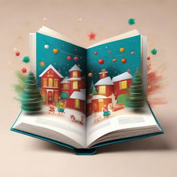 An open book with a lively Christmas scene dynamically escaping from its centrefold, brimming with holiday cheer and vibrant festive elements.