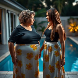 A significant age gap lesbian couple, one woman in her mid-40s, overweight, with short curly hair, and the other, a slim, thin woman in her mid-20s with long straight hair