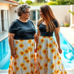 A significant age gap lesbian couple, featuring an older woman in her mid-40s, overweight with short curly hair, and a younger woman in her mid-20s, thin with long straight hair