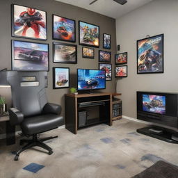 A high-tech gaming bedroom filled with modern gaming consoles, a large flat screen TV, RGB LED lights, a comfortable gaming chair and desk, adorned with video game posters on the walls.