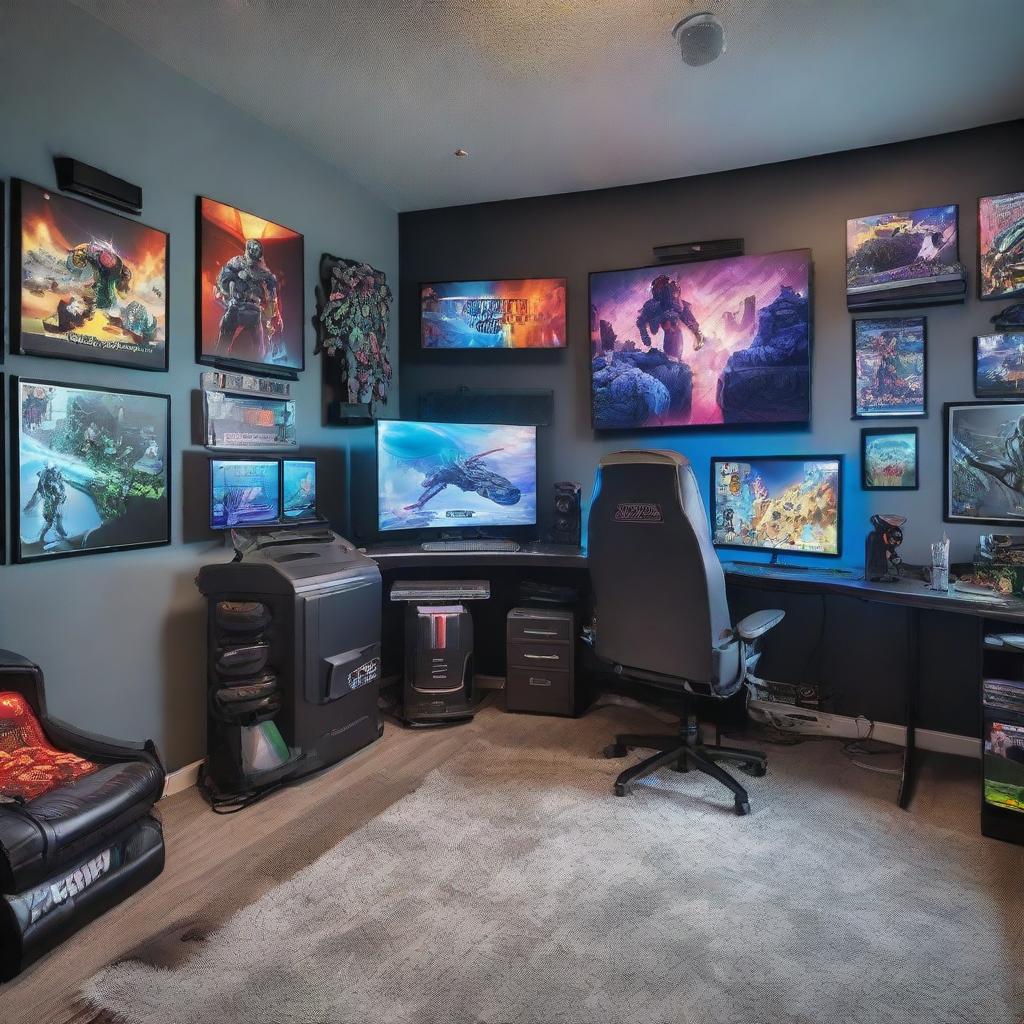 A high-tech gaming bedroom filled with modern gaming consoles, a large flat screen TV, RGB LED lights, a comfortable gaming chair and desk, adorned with video game posters on the walls.