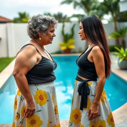 A significant age gap lesbian couple, featuring an older woman in her mid-40s, overweight, with short curly hair, facing off against a younger woman in her mid-20s, thin and slim with long straight hair