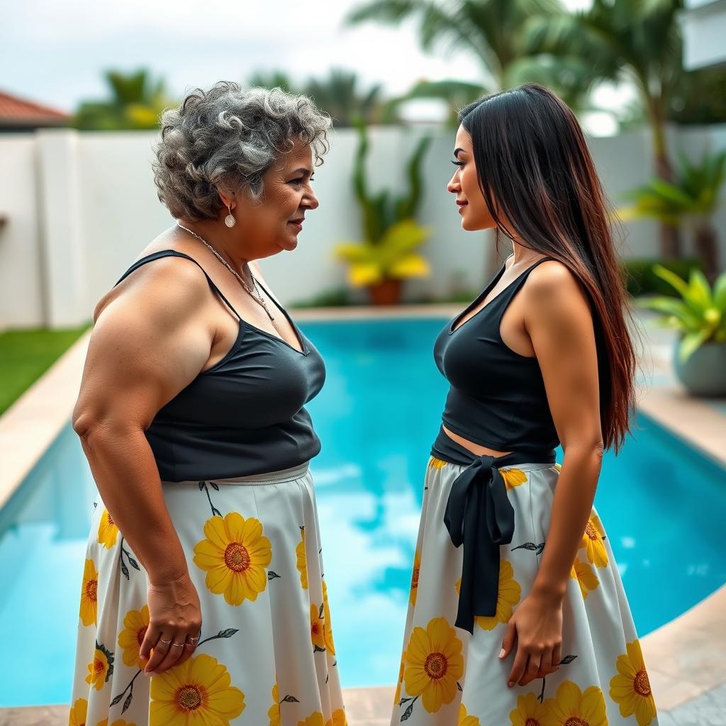 A significant age gap lesbian couple, featuring an older woman in her mid-40s, overweight, with short curly hair, facing off against a younger woman in her mid-20s, thin and slim with long straight hair