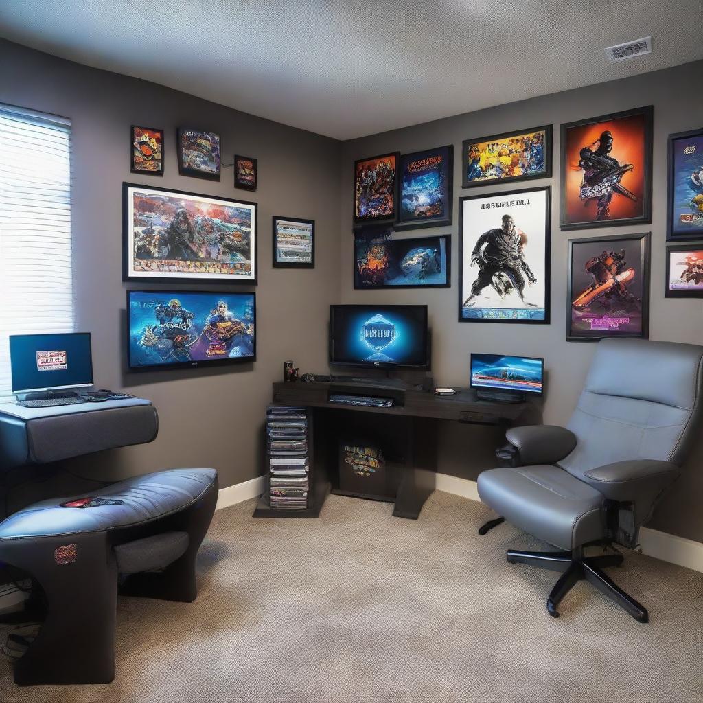 A high-tech gaming bedroom filled with modern gaming consoles, a large flat screen TV, RGB LED lights, a comfortable gaming chair and desk, adorned with video game posters on the walls.