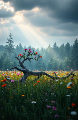 An artistic representation of the concept 'The Beauty of Failing', showcasing a serene landscape where vibrant flowers bloom in a rain-soaked forest