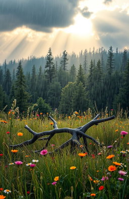 An artistic representation of the concept 'The Beauty of Failing', showcasing a serene landscape where vibrant flowers bloom in a rain-soaked forest