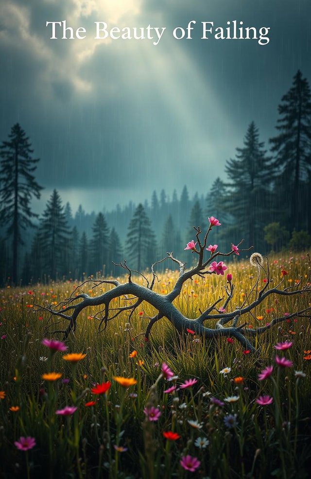 An artistic representation of the concept 'The Beauty of Failing', showcasing a serene landscape where vibrant flowers bloom in a rain-soaked forest