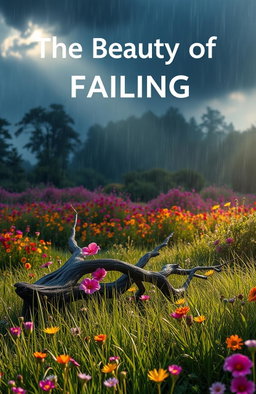 An artistic representation of the concept 'The Beauty of Failing', showcasing a serene landscape where vibrant flowers bloom in a rain-soaked forest