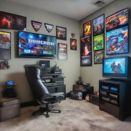 A high-tech gaming bedroom filled with modern gaming consoles, a large flat screen TV, RGB LED lights, a comfortable gaming chair and desk, adorned with video game posters on the walls.