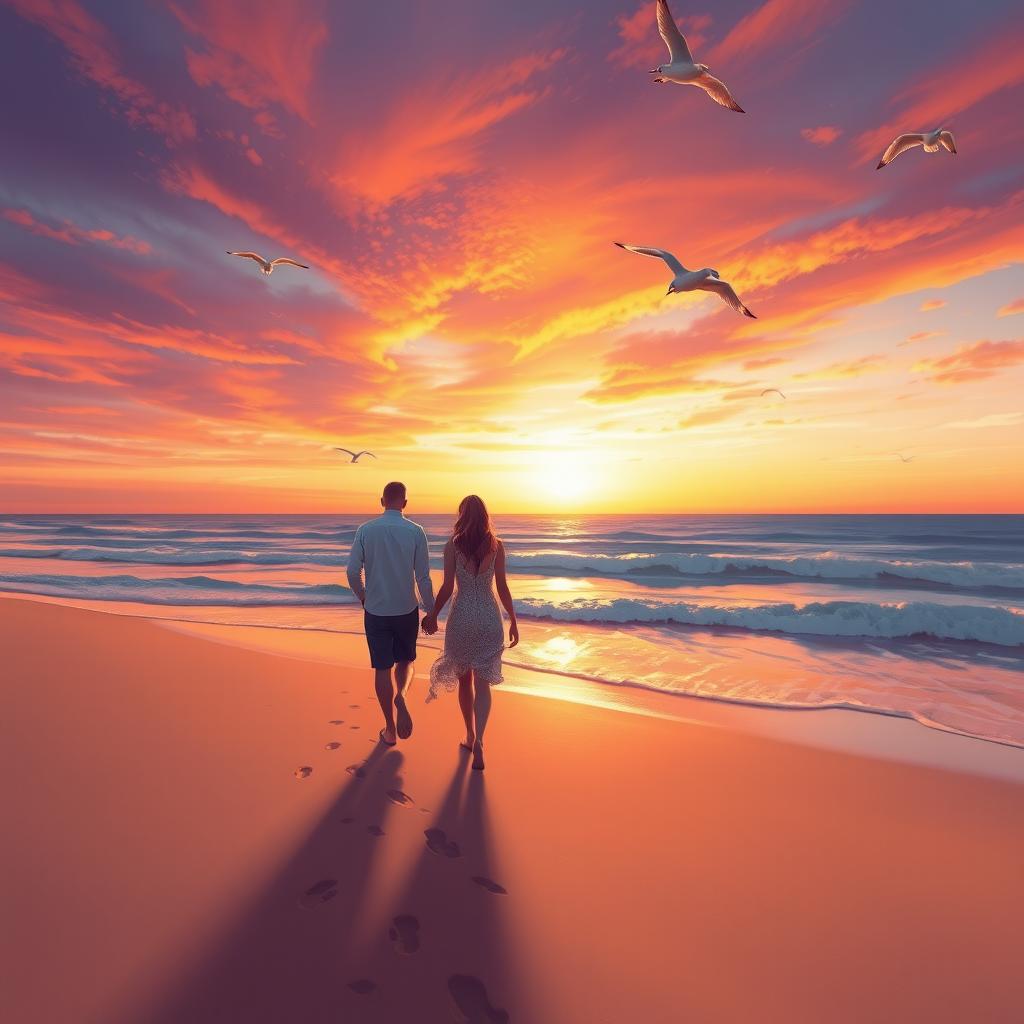 A beautifully crafted digital painting of a serene beach at sunset, capturing the vibrant colors of the sky with shades of orange, pink, and purple reflecting on the calm ocean waves