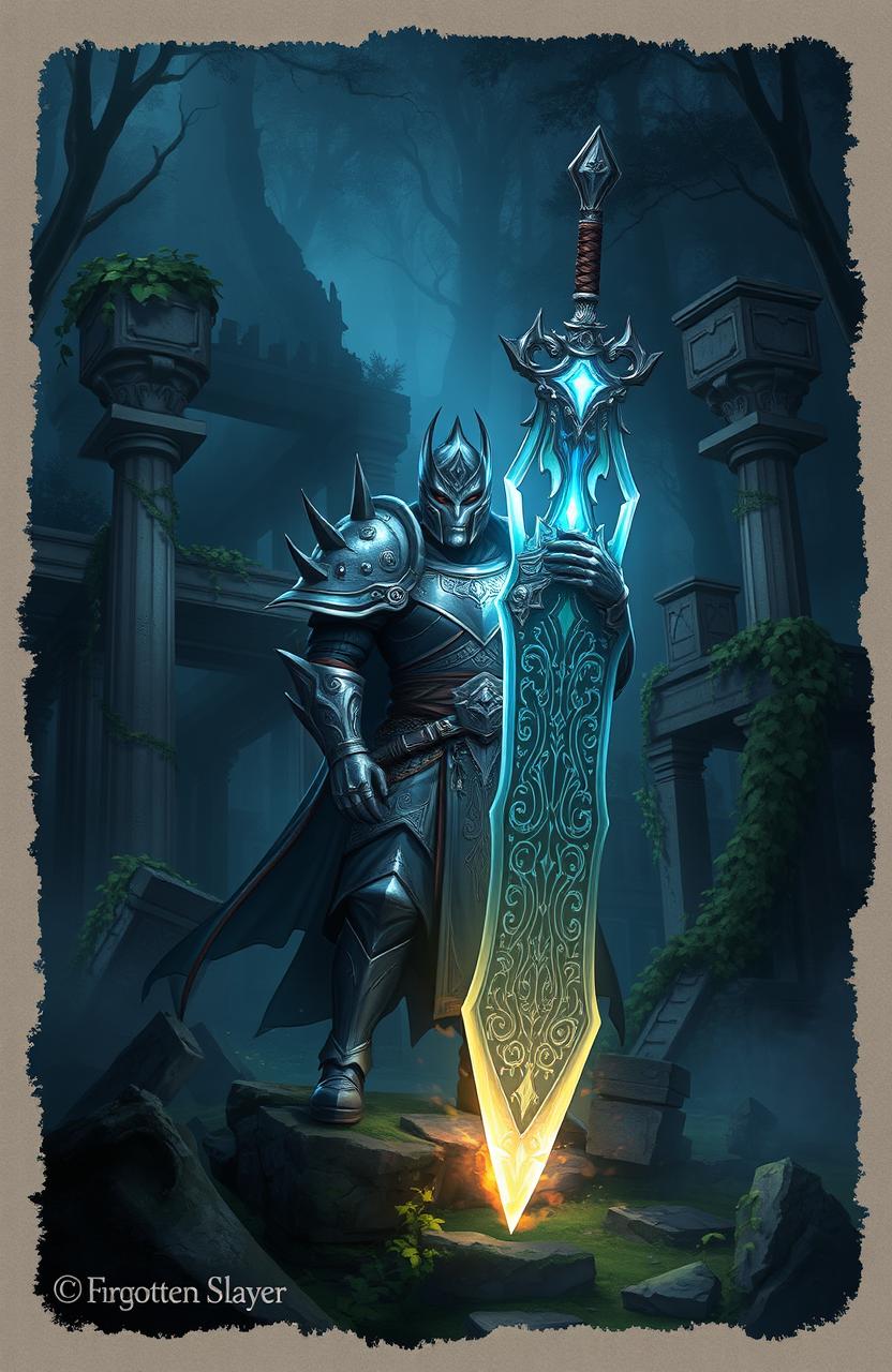 A captivating and mystical illustration inspired by the concept of 'The Forgotten Slayer', featuring a powerful and enigmatic warrior dressed in ornate armor that reflects ancient craftsmanship