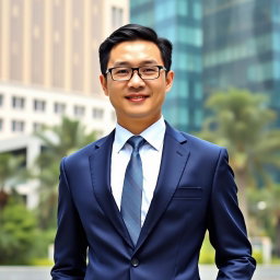 A photo of a Chinese male in formal business attire, standing confidently in an urban setting