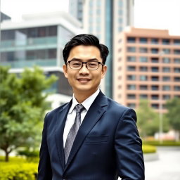 A photo of a Chinese male in formal business attire, standing confidently in an urban setting