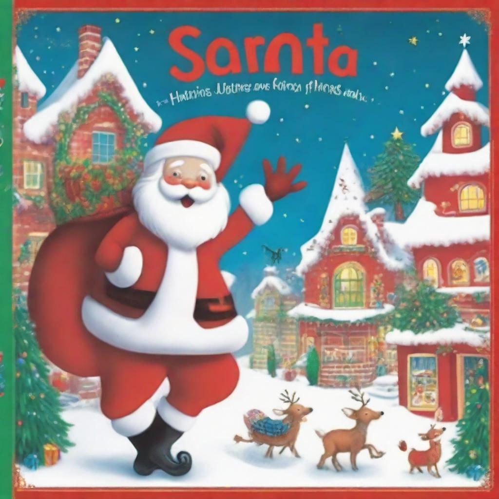 An open picture book about Santa, with a vibrant Christmas scene magically escaping from its centrefold, filled with holiday cheer and festive elements.