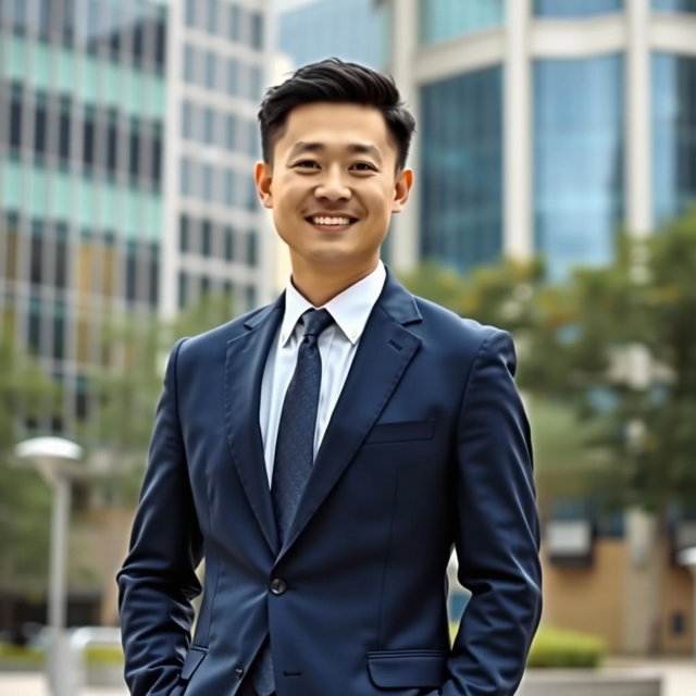 A photo of a Chinese male in formal business attire, standing confidently in an urban setting