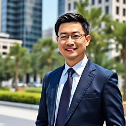 A photo of a Chinese male in formal business attire, standing confidently in an urban setting