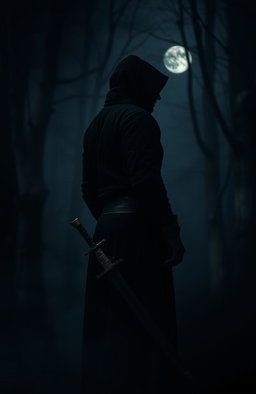 A moody, atmospheric scene depicting a mysterious man in a dark hooded cloak, standing with his back turned to the viewer