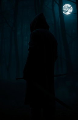 A moody, atmospheric scene depicting a mysterious man in a dark hooded cloak, standing with his back turned to the viewer