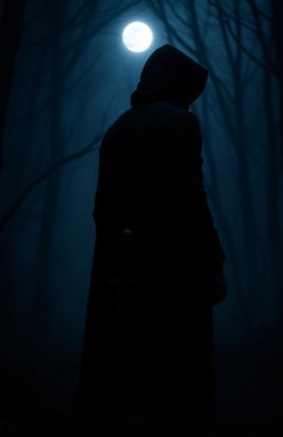A moody, atmospheric scene depicting a mysterious man in a dark hooded cloak, standing with his back turned to the viewer