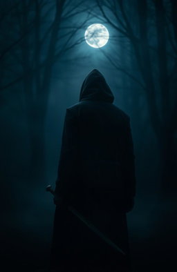 A moody, atmospheric scene depicting a mysterious man in a dark hooded cloak, standing with his back turned to the viewer