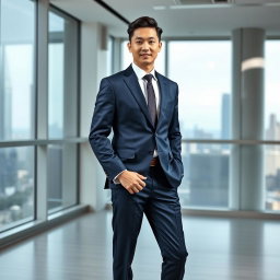 A stylish Chinese male in formal business attire, showcasing a well-fitted navy blue suit with a crisp white dress shirt and a matching tie