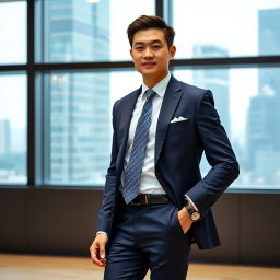 A stylish Chinese male in formal business attire, showcasing a well-fitted navy blue suit with a crisp white dress shirt and a matching tie