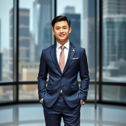 A stylish Chinese male in formal business attire, showcasing a well-fitted navy blue suit with a crisp white dress shirt and a matching tie