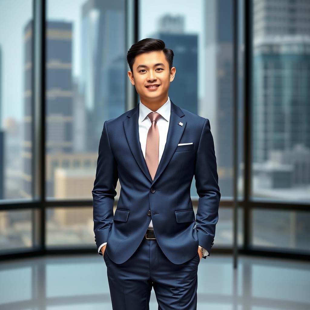 A stylish Chinese male in formal business attire, showcasing a well-fitted navy blue suit with a crisp white dress shirt and a matching tie
