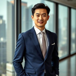 A stylish Chinese male in formal business attire, showcasing a well-fitted navy blue suit with a crisp white dress shirt and a matching tie