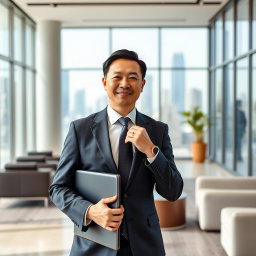 A Chinese male businessman wearing a tailored suit, standing confidently in a modern office environment