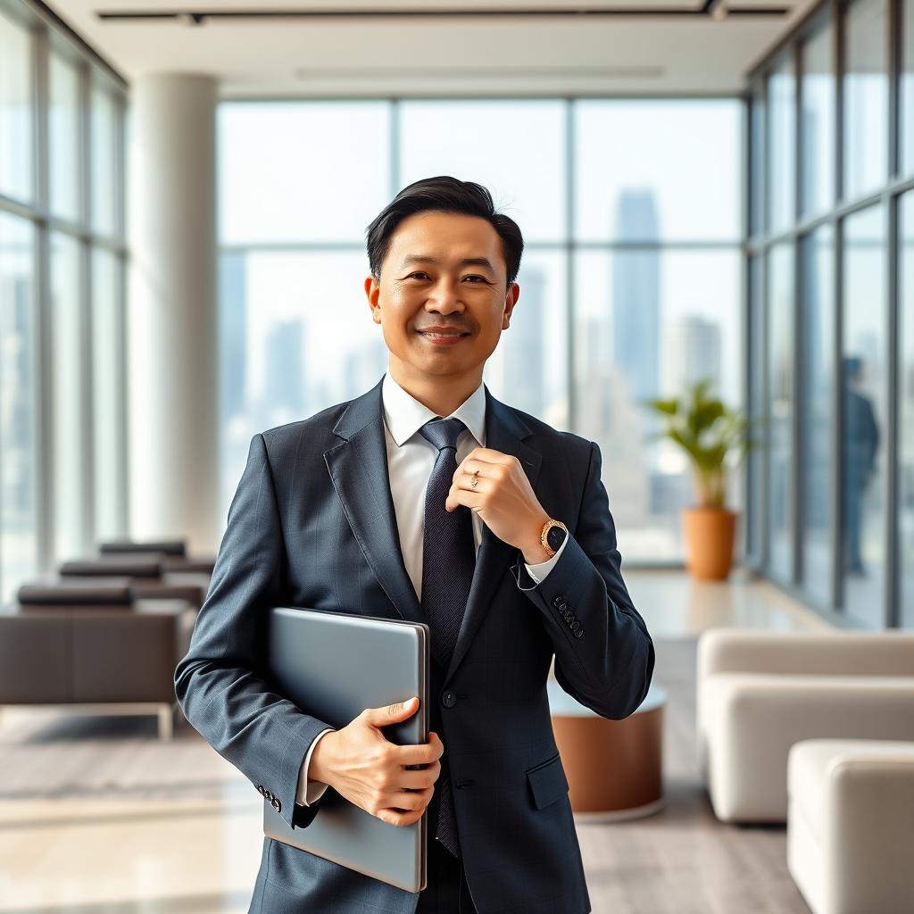 A Chinese male businessman wearing a tailored suit, standing confidently in a modern office environment