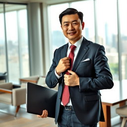 A Chinese male businessman wearing a tailored suit, standing confidently in a modern office environment