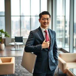 A Chinese male businessman wearing a tailored suit, standing confidently in a modern office environment