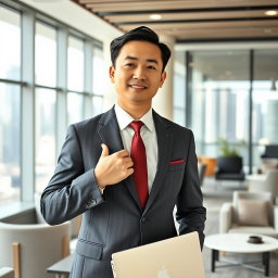 A Chinese male businessman wearing a tailored suit, standing confidently in a modern office environment