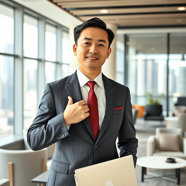 A Chinese male businessman wearing a tailored suit, standing confidently in a modern office environment
