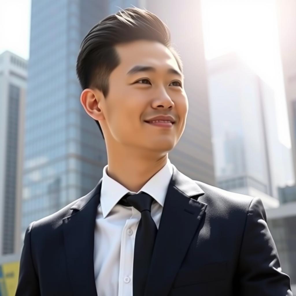 A stylish Chinese male businessman in formal attire, featuring a tailored dark navy suit, crisp white dress shirt, and a sleek black tie
