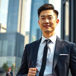 A stylish Chinese male businessman in formal attire, featuring a tailored dark navy suit, crisp white dress shirt, and a sleek black tie