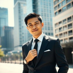 A stylish Chinese male businessman in formal attire, featuring a tailored dark navy suit, crisp white dress shirt, and a sleek black tie