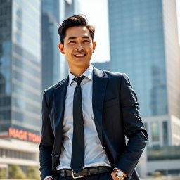 A stylish Chinese male businessman in formal attire, featuring a tailored dark navy suit, crisp white dress shirt, and a sleek black tie