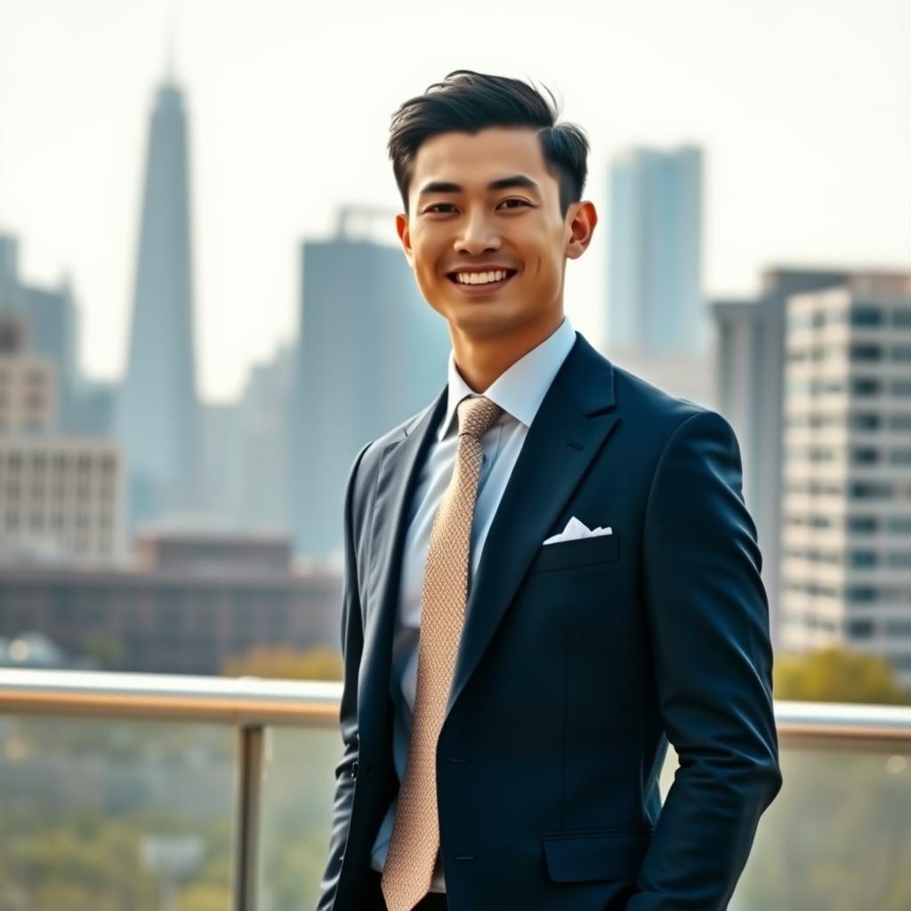 A stylish Chinese male model wearing a tailored business suit, standing confidently in an urban environment with a modern skyline in the background