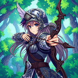 An anime-style archer character clad in intricately designed armor, poised and ready with her bow drawn back, set against a vibrant pixel art background