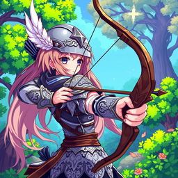 An anime-style archer character clad in intricately designed armor, poised and ready with her bow drawn back, set against a vibrant pixel art background