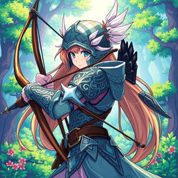 An anime-style archer character clad in intricately designed armor, poised and ready with her bow drawn back, set against a vibrant pixel art background